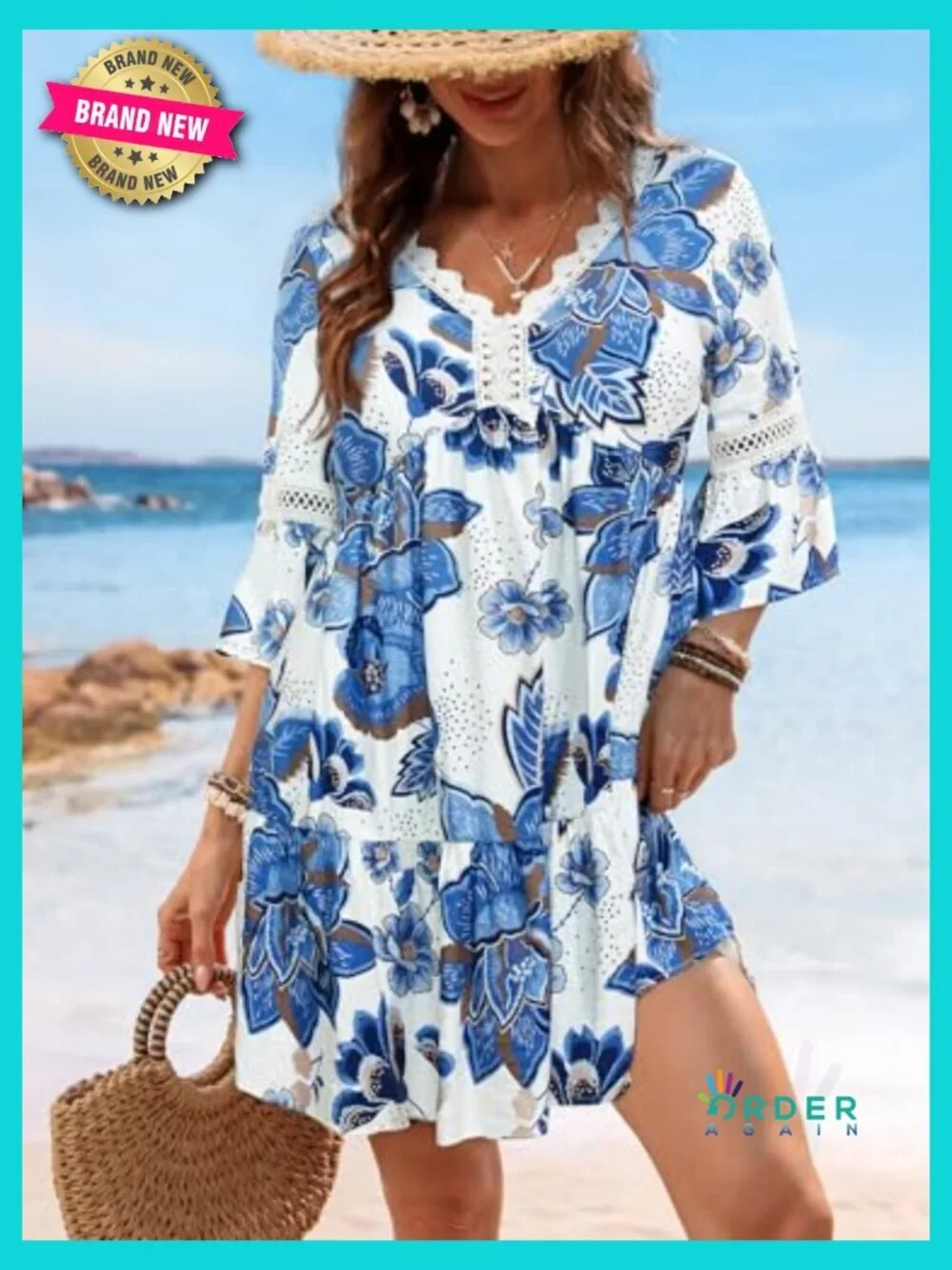 V Neck Lace Trim Mini Summer Dress Cover Up 3/4 Sleeve Ruffled Cuff Casual